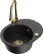 Mexen Kevin Granitspüle 1-Becken mit Abtropffläche und Küchenarmatur Elia, schwarz/gold metallic - 6517-75-670101-50