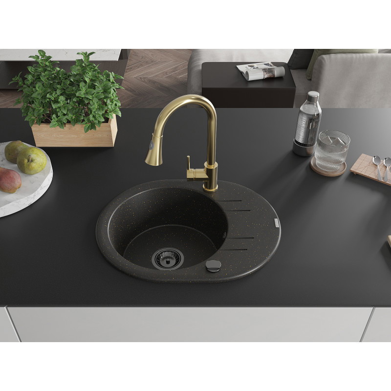 Mexen Kevin Granitspüle 1-beckig mit Abtropffläche und Küchenarmatur Elia, Schwarz/Gold Metallic - 6517-75-670101-50-B