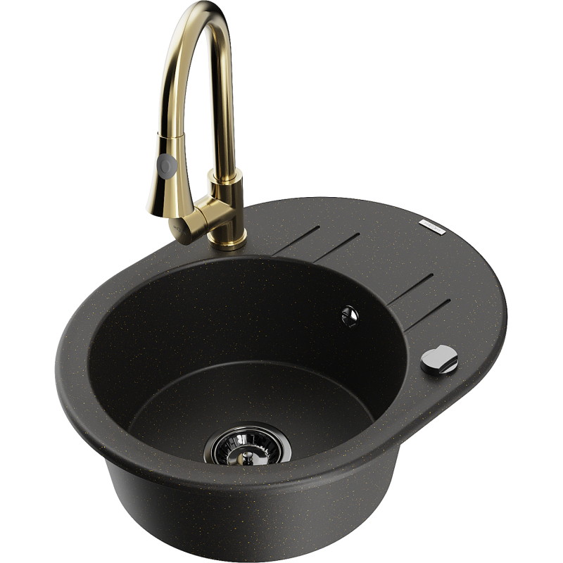 Mexen Kevin Granitspüle 1-Becken mit Abtropffläche und Küchenarmatur Elia, schwarz/gold metallic - 6517-75-670101-50-B