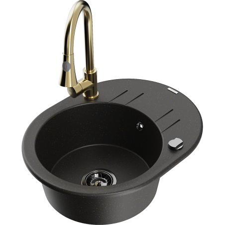 Mexen Kevin Granitspüle 1-Becken mit Abtropffläche und Küchenarmatur Elia, schwarz/gold metallic - 6517-75-670101-50-B