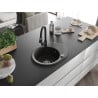 Mexen Kevin Granitspüle 1-Becken mit Abtropffläche und Küchenarmatur Elia, schwarz/goldener Metallic - 6517-75-670101-70