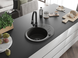 Mexen Kevin Granitspüle 1-Becken mit Abtropffläche und Küchenarmatur Elia, schwarz/gold metallic - 6517-75-670101-70-B
