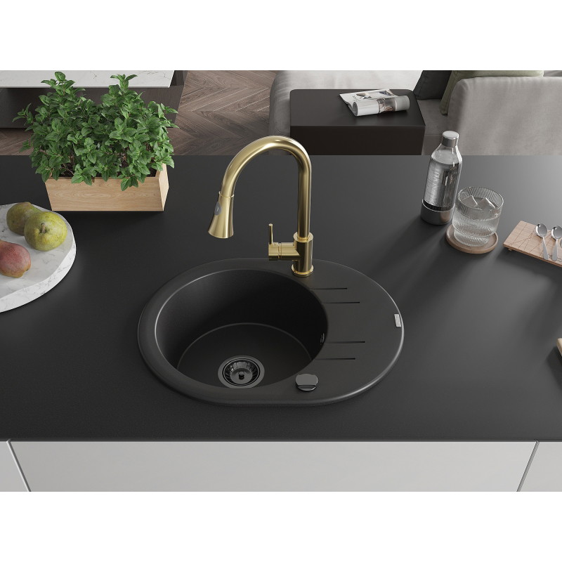 Mexen Kevin Granitspüle 1-Becken mit Abtropffläche und Küchenarmatur Elia, schwarz - 6517-77-670101-50-B