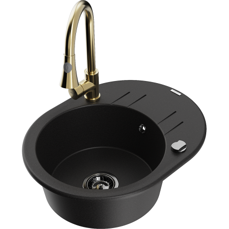 Mexen Kevin Granitspüle 1-Becken mit Abtropffläche und Küchenarmatur Elia, schwarz - 6517-77-670101-50-B