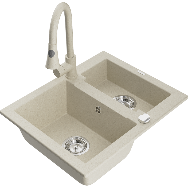 Mexen Carlos Granitspüle 1,5-Gefäß mit Küchenarmatur Elia, Beige - 6518-69-670101-69