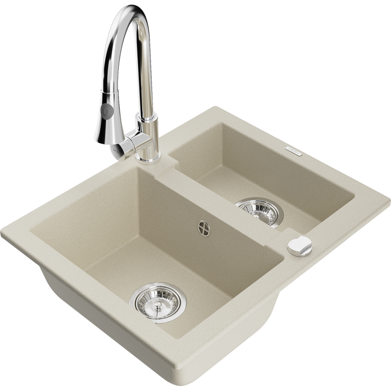 Mexen Carlos Granitspüle 1,5-Becken mit Küchenarmatur Elia, beige - 6518-69-670101-00