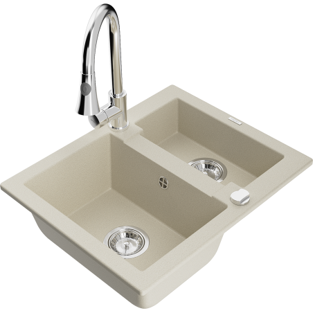 Mexen Carlos Granitspüle 1,5-Becken mit Küchenarmatur Elia, beige - 6518-69-670101-00