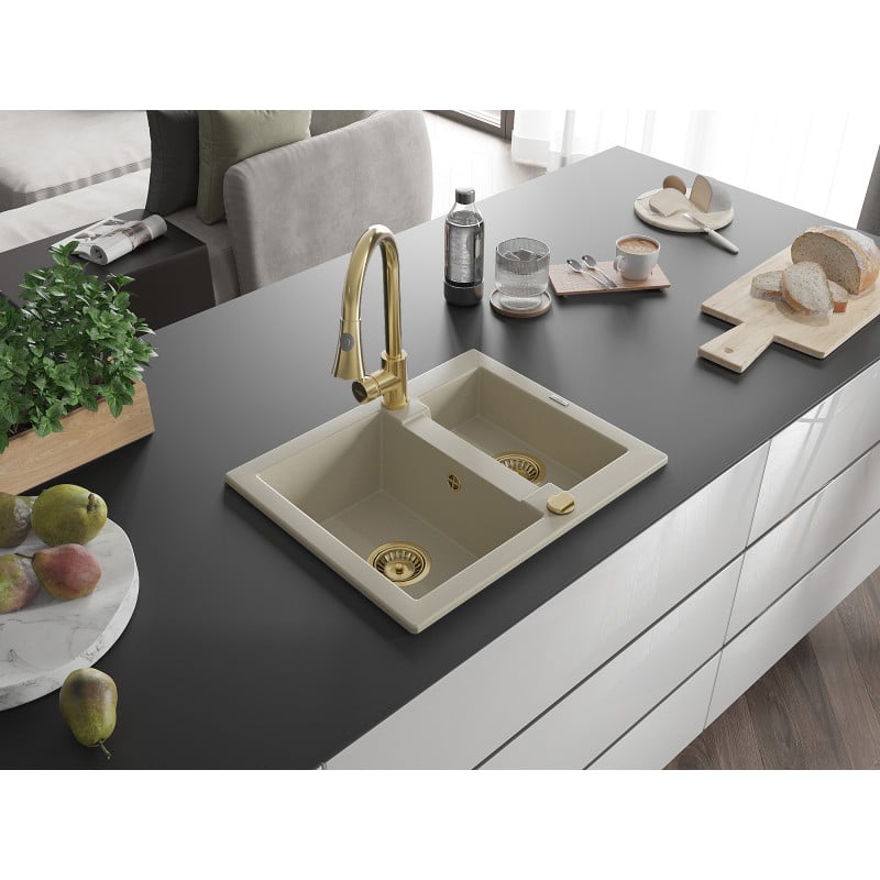 Mexen Carlos Granitspüle 1,5-Becken mit Küchenarmatur Elia, beige - 6518-69-670101-50