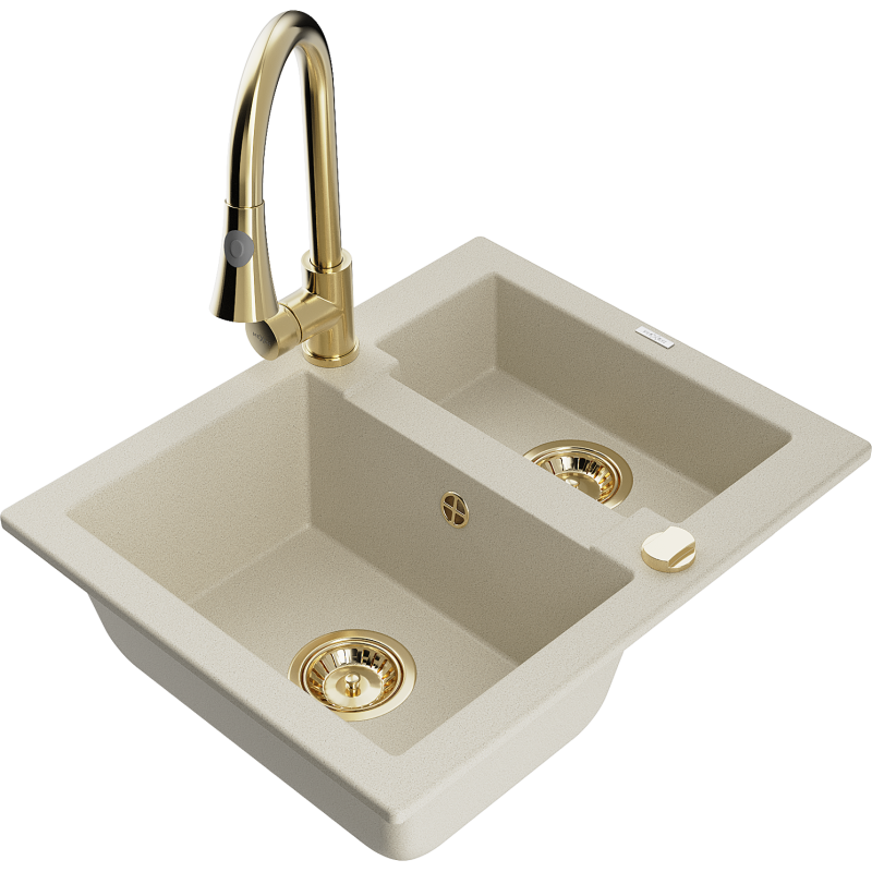 Mexen Carlos Granitspüle 1,5-Becken mit Küchenarmatur Elia, beige - 6518-69-670101-50