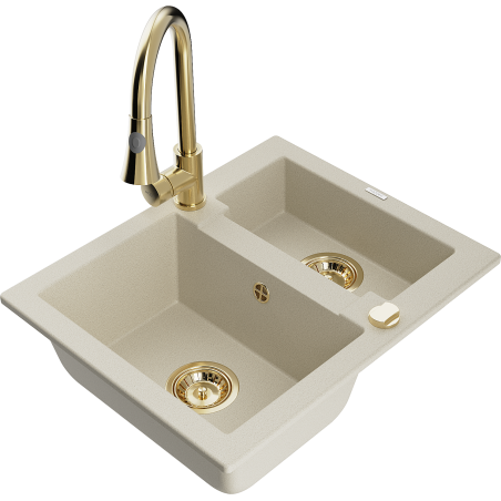 Mexen Carlos Granitspüle 1,5-Becken mit Küchenarmatur Elia, beige - 6518-69-670101-50