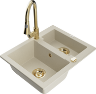 Mexen Carlos Granitspüle 1,5-Becken mit Küchenarmatur Elia, beige - 6518-69-670101-50