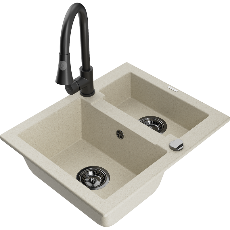 Mexen Carlos Granitspüle 1,5-beckig mit Küchenarmatur Elia, beige - 6518-69-670101-70