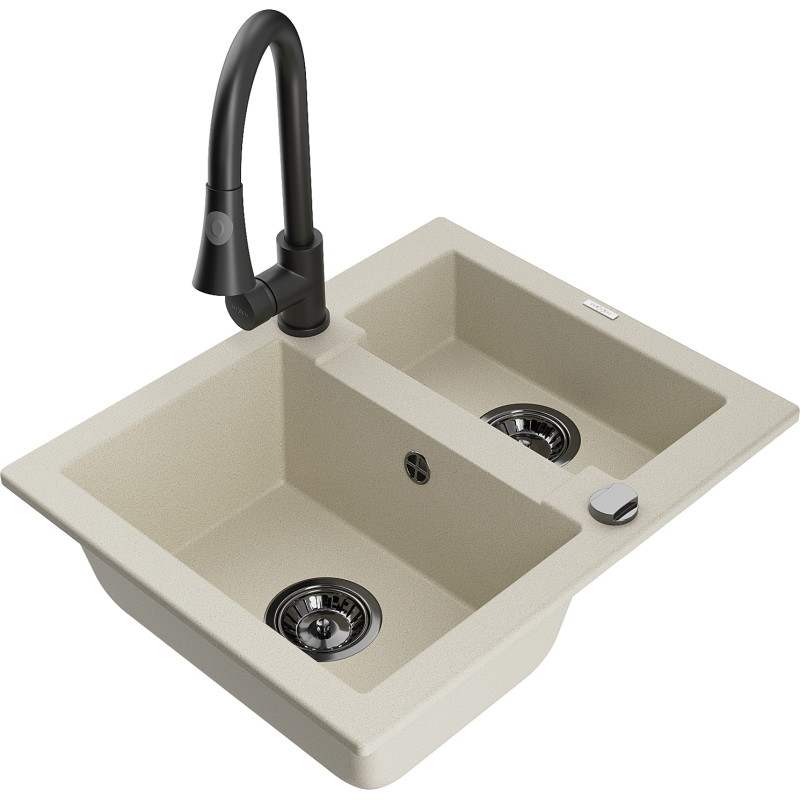 Mexen Carlos Granitspüle 1,5-Kammern mit Küchenarmatur Elia, beige - 6518-69-670101-70
