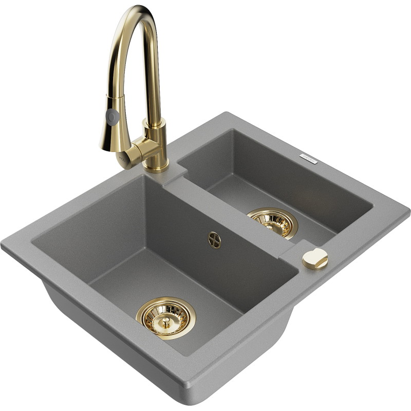 Mexen Carlos Granitspüle 1,5-Bowl mit Küchenarmatur Elia, grau - 6518-71-670101-50