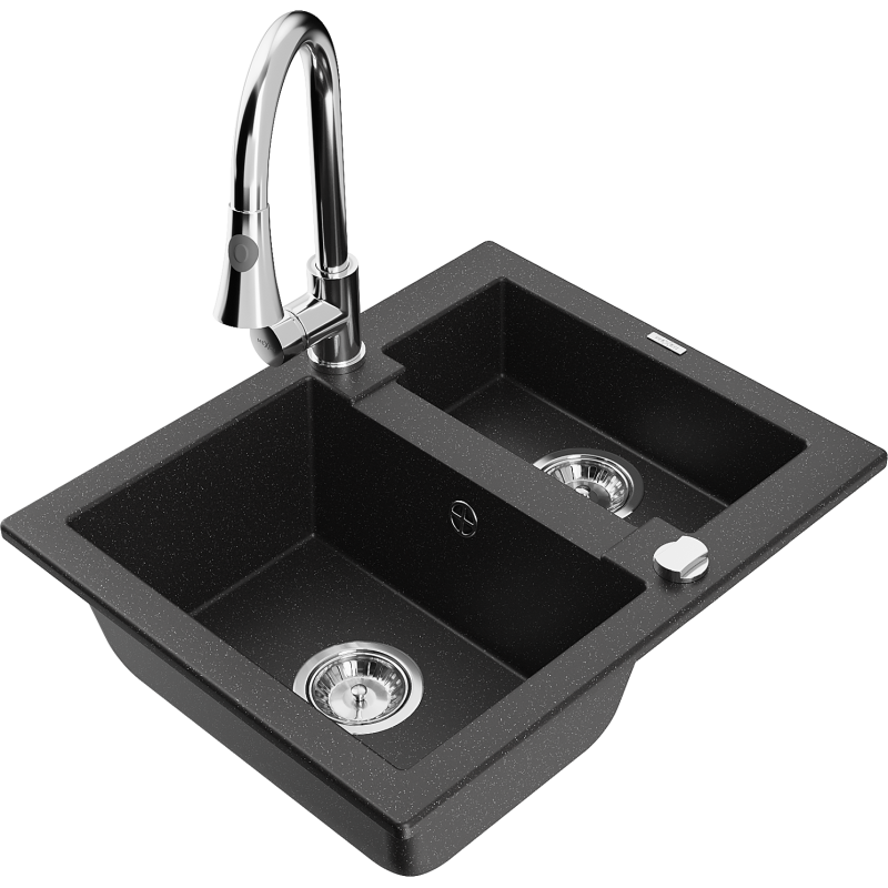 Mexen Carlos Granitspüle 1,5-Becken mit Küchenarmatur Elia, Schwarz/Silber Metallic - 6518-73-670101-00