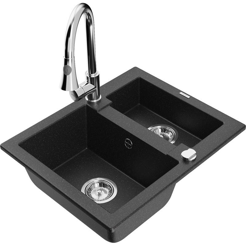 Mexen Carlos Granitspüle 1,5-fach mit Küchenarmatur Elia, Schwarz/Silber Metallic - 6518-73-670101-00