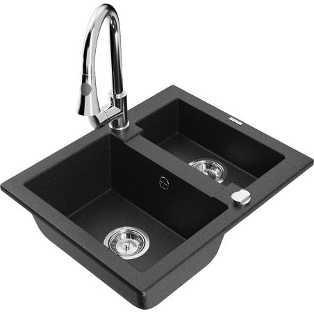 Mexen Carlos Granitspüle 1,5-Becken mit Küchenarmatur Elia, Schwarz/Silber Metallic - 6518-73-670101-00