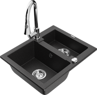 Mexen Carlos Granitspüle 1,5-Becken mit Küchenarmatur Elia, Schwarz/Silber Metallic - 6518-73-670101-00