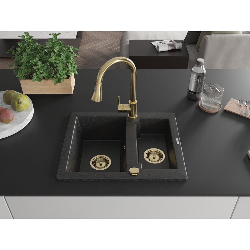 Mexen Carlos Granitspüle 1,5-fach mit Küchenarmatur Elia, schwarz/silber-metallic - 6518-73-670101-50