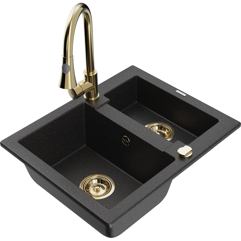 Mexen Carlos Granitspüle 1,5-fach mit Küchenarmatur Elia, schwarz/silber-metallic - 6518-73-670101-50