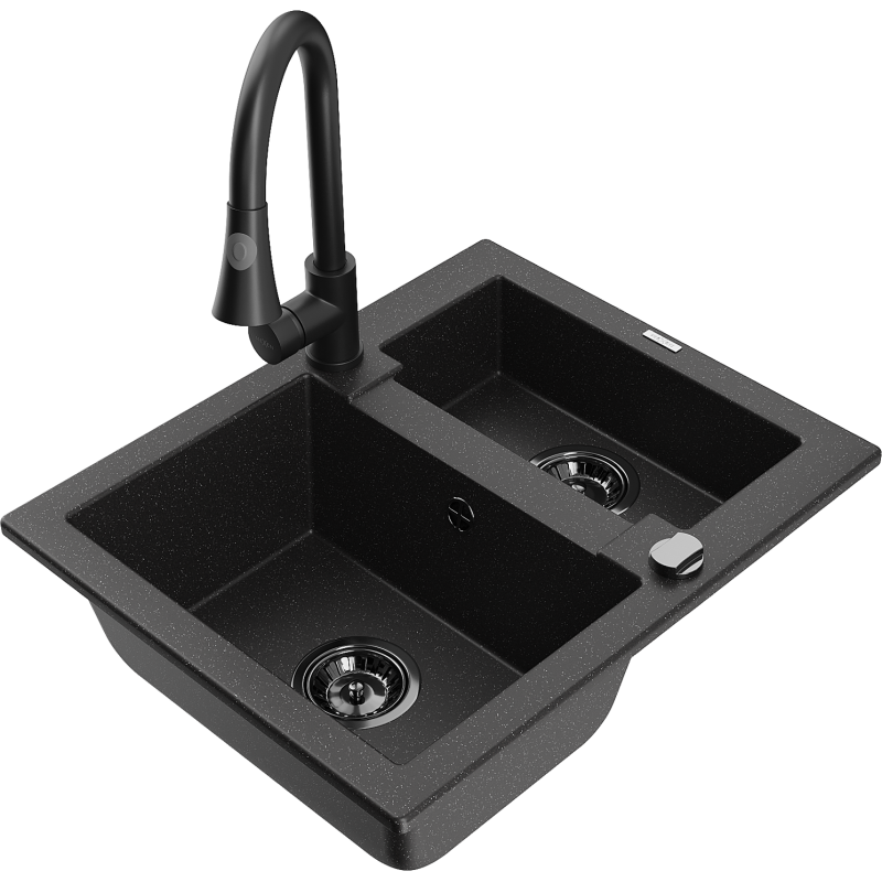 Mexen Carlos Granitspüle 1,5-Becken mit Küchenarmatur Elia, schwarz/silber metallic - 6518-73-670101-70-B