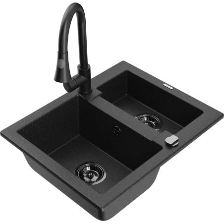 Mexen Carlos Granitspüle 1,5-Becken mit Küchenarmatur Elia, schwarz/silber metallic - 6518-73-670101-70-B