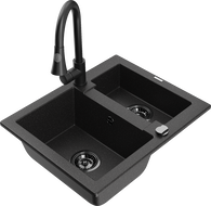 Mexen Carlos Granitspüle 1,5-Becken mit Küchenarmatur Elia, schwarz/silber metallic - 6518-73-670101-70-B