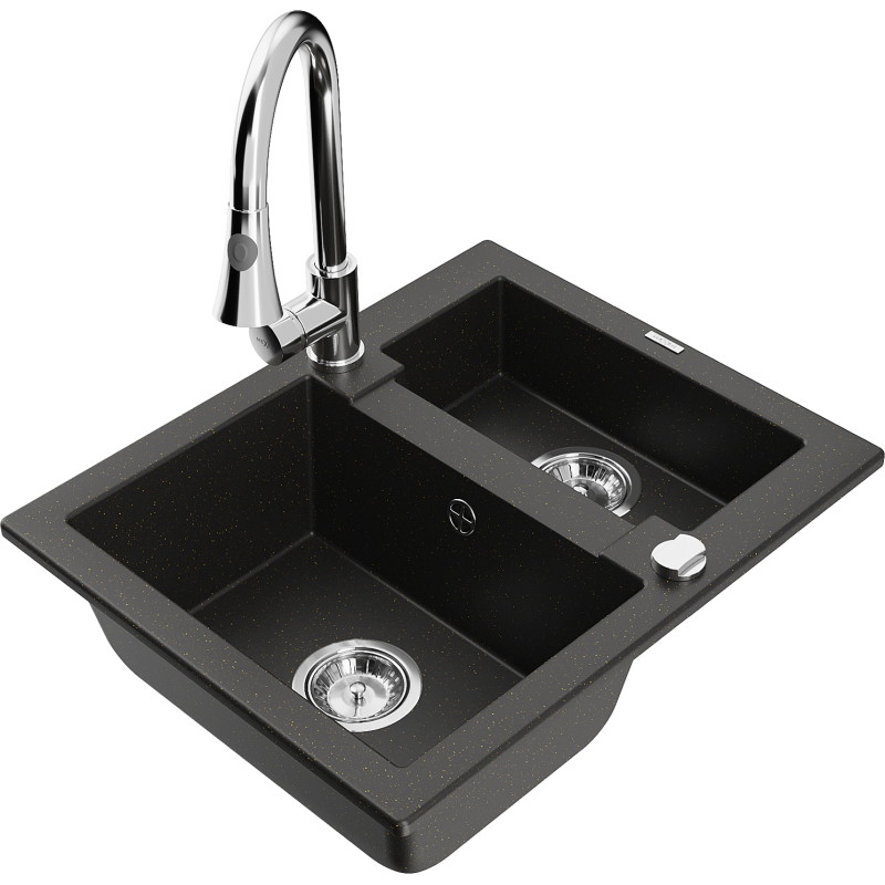 Mexen Carlos Granitspüle 1,5-fach mit Küchenarmatur Elia, schwarz/goldmetallic - 6518-75-670101-00