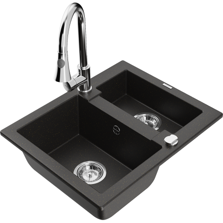 Mexen Carlos Granitspüle 1,5-fach mit Küchenarmatur Elia, schwarz/goldmetallic - 6518-75-670101-00