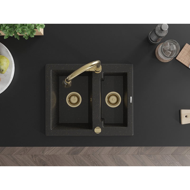 Mexen Carlos Granitspüle 1,5-kommer mit Küchenarmatur Elia, schwarz/gold metallic - 6518-75-670101-50