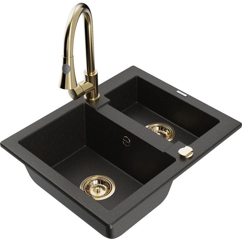 Mexen Carlos Granitspüle 1,5-fach mit Küchenarmatur Elia, schwarz/gold metallic - 6518-75-670101-50