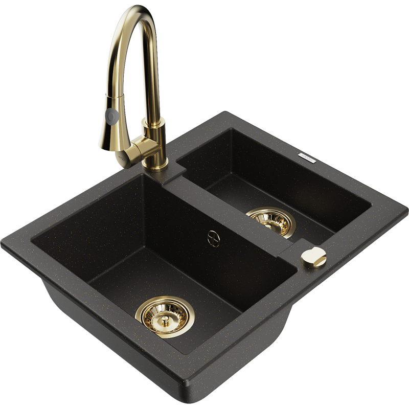 Mexen Carlos Granitspüle 1,5-kommer mit Küchenarmatur Elia, schwarz/gold metallic - 6518-75-670101-50