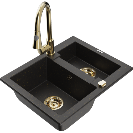 Mexen Carlos Granitspüle 1,5-Kammer mit Küchenarmatur Elia, schwarz/gold metallic - 6518-75-670101-50