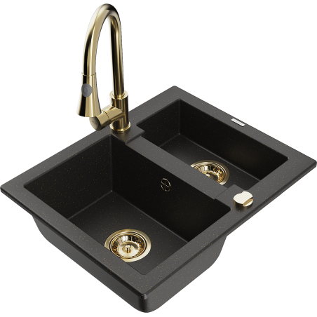 Mexen Carlos Granitspüle 1,5-kommer mit Küchenarmatur Elia, schwarz/gold metallic - 6518-75-670101-50