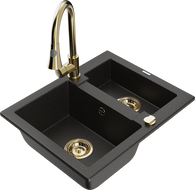 Mexen Carlos Granitspüle 1,5-kommer mit Küchenarmatur Elia, schwarz/gold metallic - 6518-75-670101-50
