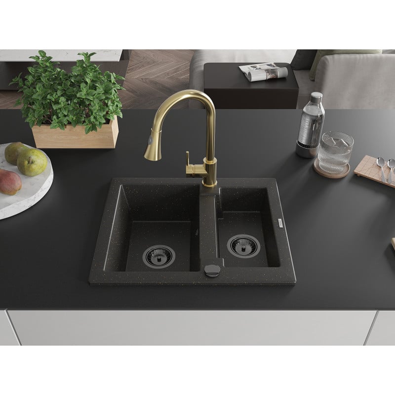 Mexen Carlos Granitspüle 1,5-Becken mit Küchenarmatur Elia, schwarz/gold metallic - 6518-75-670101-50-B