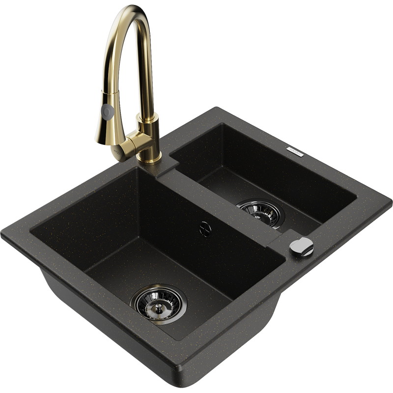 Mexen Carlos Granit-Spüle 1,5-Becken mit Küchenarmatur Elia, schwarz/gold-metallisch - 6518-75-670101-50-B