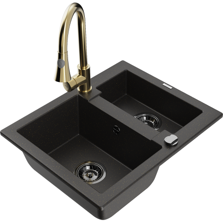 Mexen Carlos Granitspüle 1,5-Becken mit Küchenarmatur Elia, schwarz/gold metallic - 6518-75-670101-50-B