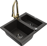 Mexen Carlos Granitspüle 1,5-Becken mit Küchenarmatur Elia, schwarz/gold metallic - 6518-75-670101-50-B