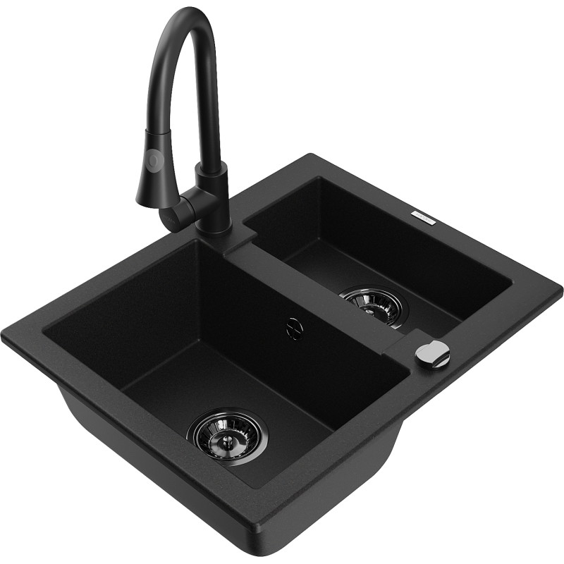 Mexen Carlos 1,5-Kammer-Graniteinbauspüle mit Küchenarmatur Elia, schwarz - 6518-77-670101-70-B