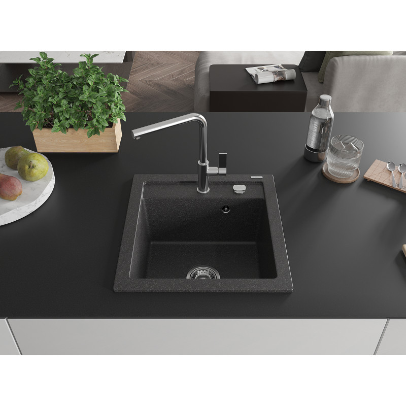 Mexen Vito Granitspüle 1-Becken mit Küchenarmatur Flora, schwarz gesprenkelt - 6503-76-670401-00