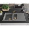 Mexen Matias Granitspüle 1,5-Becken mit Abtropffläche und Küchenarmatur Flora, grau - 6502-71-670401-57-G