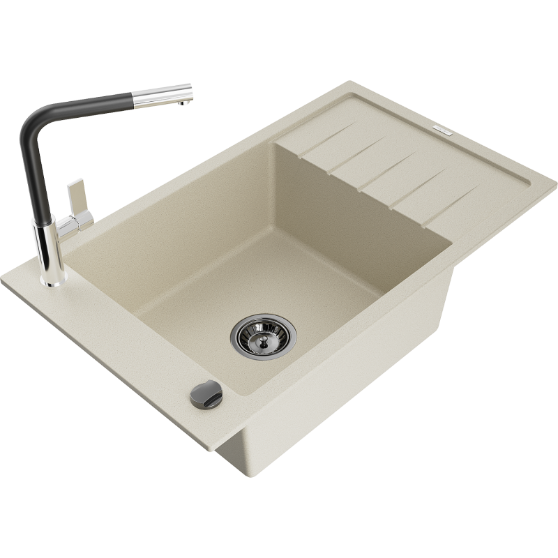 Mexen Elias Granitspüle 1-Becken mit Abtropffläche und Küchenarmatur Flora, beige - 6511-69-670401-07-B