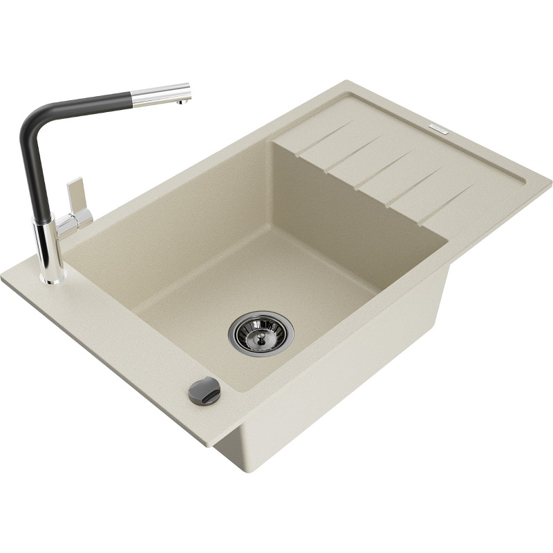 Mexen Elias granitspüle mit 1 becken, abtropffläche und küchenarmatur Flora, beige - 6511-69-670401-07-B