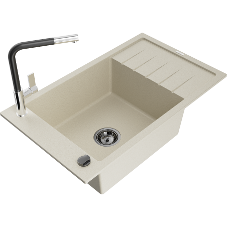 Mexen Elias Granitspüle 1-Becken mit Abtropffläche und Küchenarmatur Flora, beige - 6511-69-670401-07-B