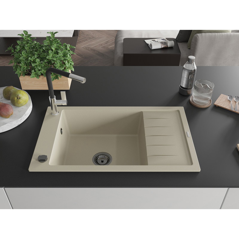 Mexen Elias Granitspüle 1-Becken mit Abtropffläche und Küchenarmatur Flora, beige - 6511-69-670401-07-B