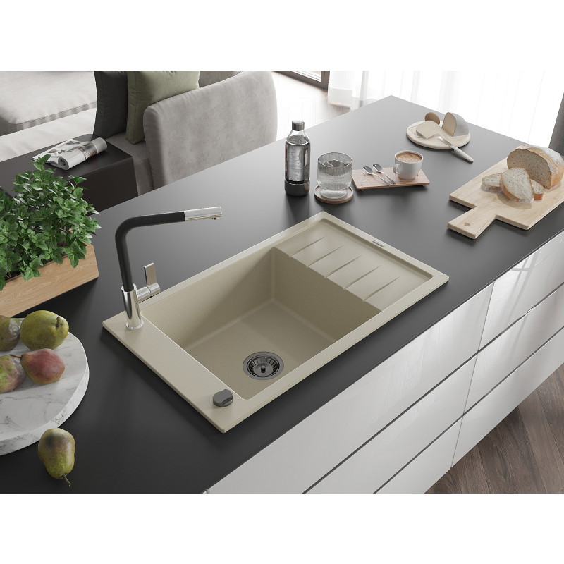 Mexen Elias Granitspüle 1-Becken mit Abtropffläche und Küchenarmatur Flora, beige - 6511-69-670401-07-B