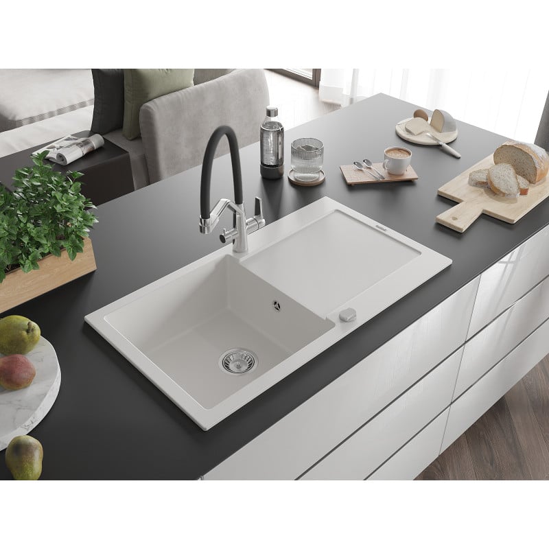 Mexen Leo Granitspüle 1-becken mit Abtropffläche und Küchenarmatur Duo, weiß - 6501-20-671701-07