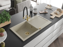 Mexen Leo Granitspüle 1-Becken mit Abtropffläche und Küchenarmatur Duo, beige - 6501-69-671701-57-G