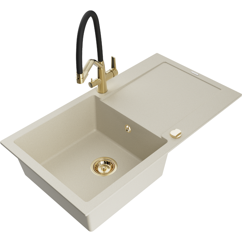 Mexen Leo Granitspüle 1-Becken mit Abtropffläche und Küchenarmatur Duo, beige - 6501-69-671701-57-G